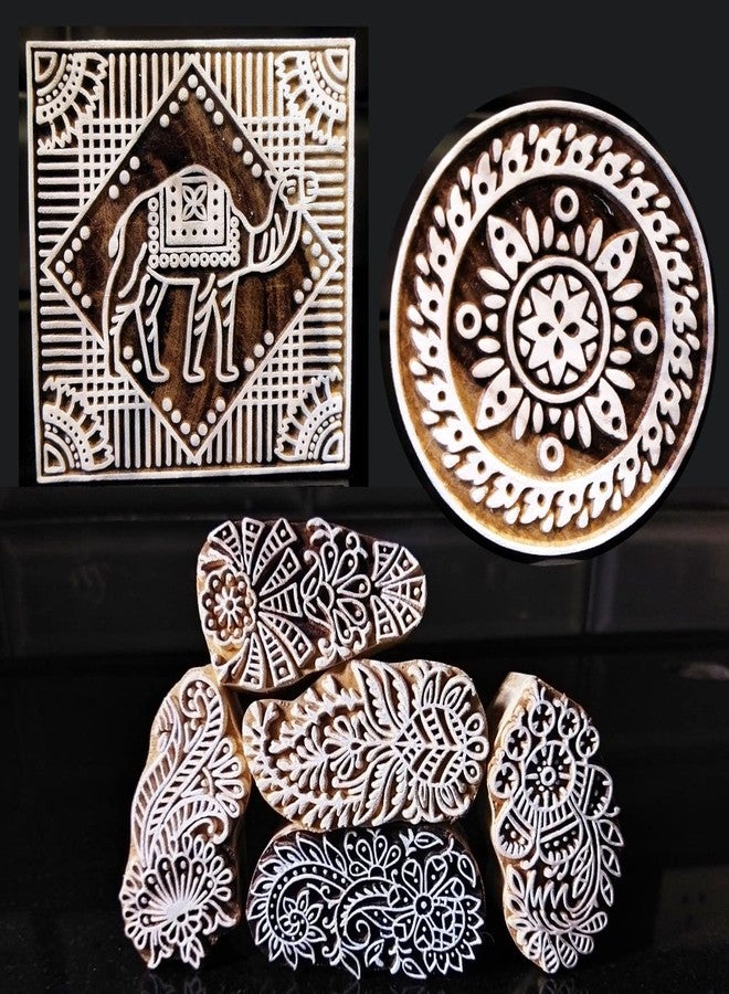ecofynd Wooden Block Stamps (Pack of 7), Wooden Blocks for Block Printing Stamp Set, Artistic Shapes Craft Kids Saree Border DIY Henna Fabric Textile Paper Clay Pottery Hand-Carved (BLOCK054) - Image 1